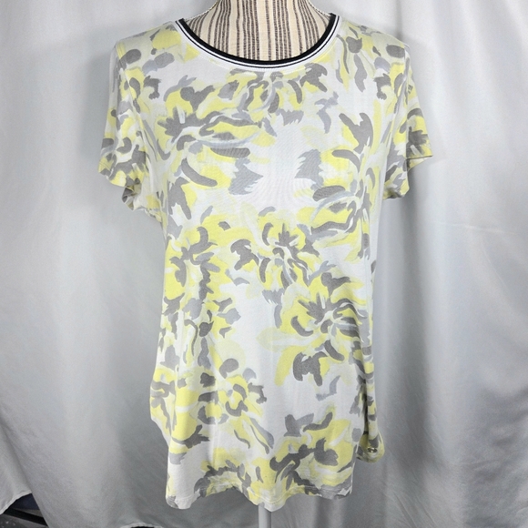 Calvin Klein Performance Yellow Grey White Abstract Print Short Sleeve Top Large - Picture 1 of 10